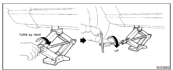 Jacking up vehicle and removing the damaged tire